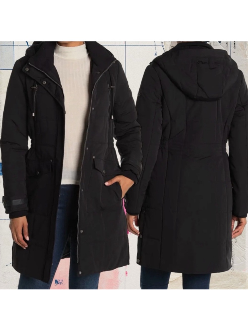 Lucky Brand | Women’s Medium Black Longline Quilted Parka Coat Jacket EUC Sherpa